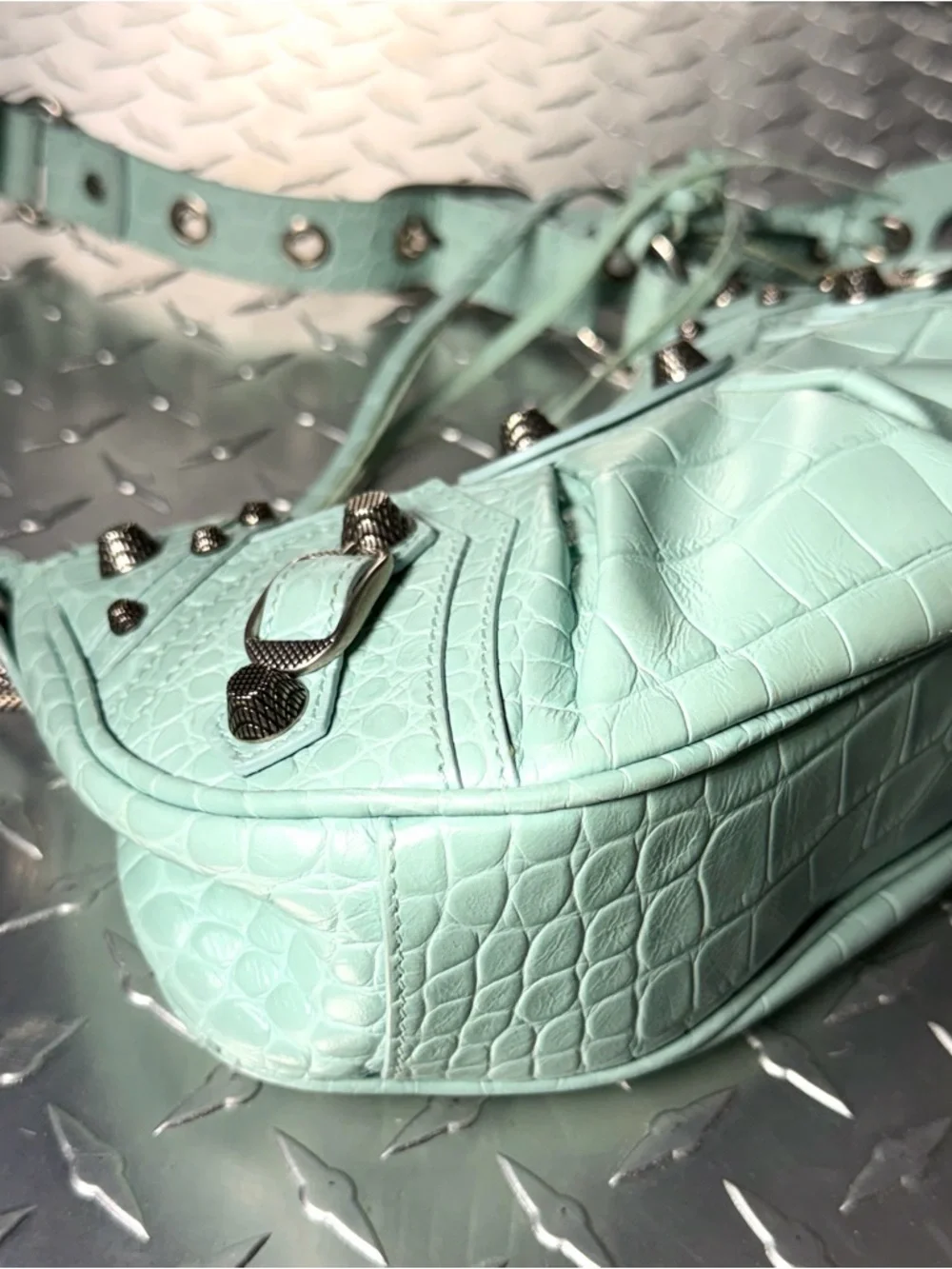 Balenciaga Supple Calfskin Croc Embossed Le Cagole Shoulder Bag in Green Aqua - Picture 4 of 11